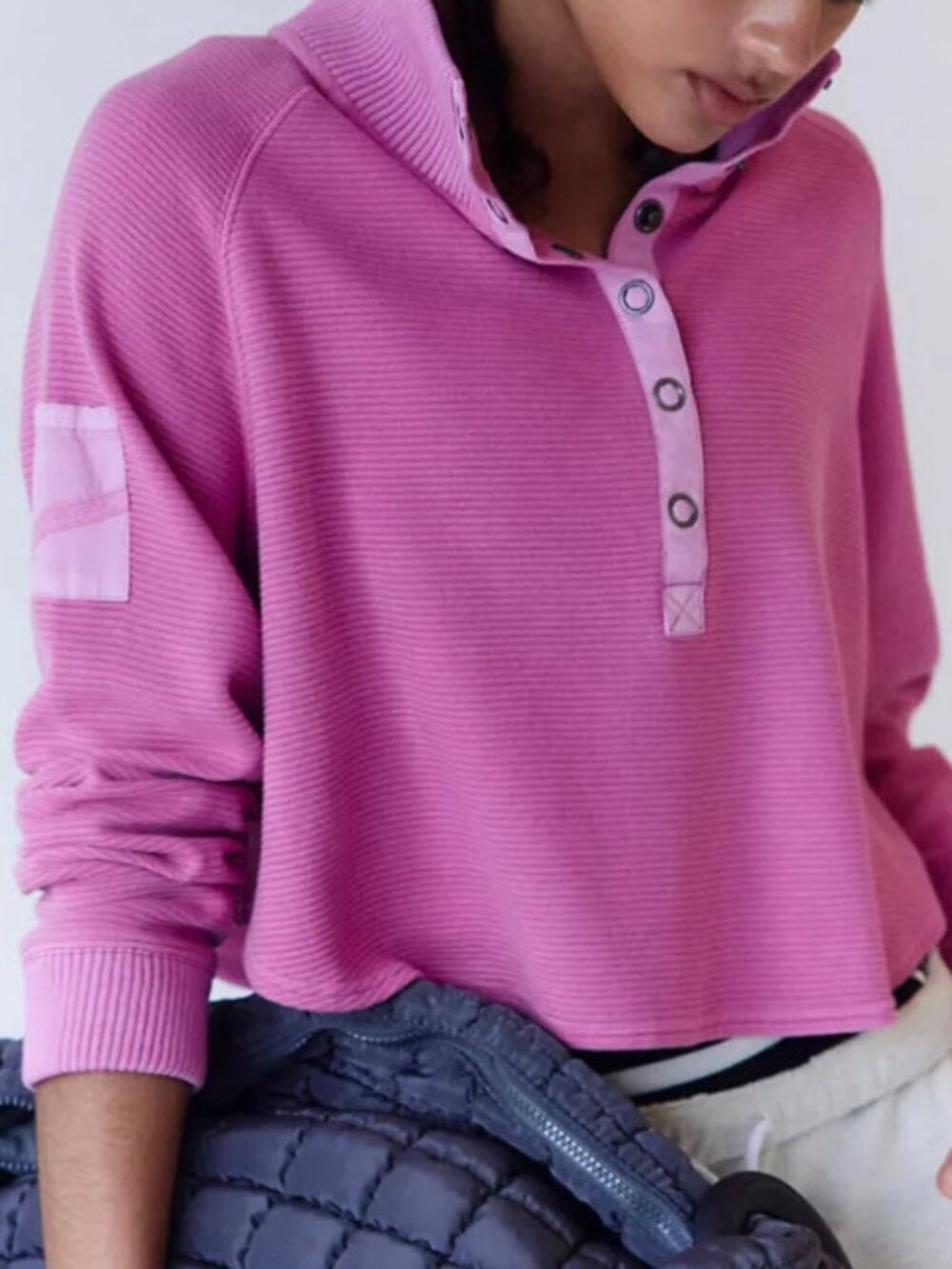 Free People FP Movement So Fly Henley Snap Neck Ribbed Pullover Pink Small